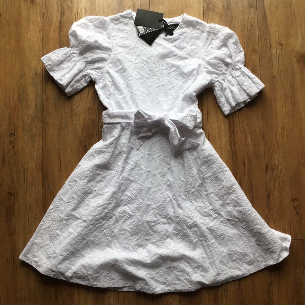 NWT Saloni White All-over Embroidered Ciara Dress - Picture 8 of 16